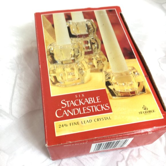 Vintage St George Lead Crystal Stackable Candlestick Holder 6 pc Set New In Box - Picture 2 of 9